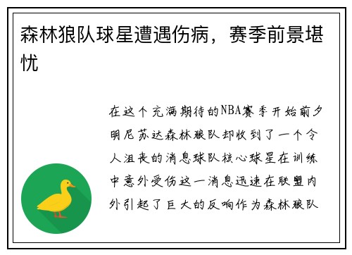 森林狼队球星遭遇伤病，赛季前景堪忧